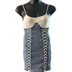 Blanc Clothing Women's Blue White Jean Lace Up Corset Mini Dress Size Large